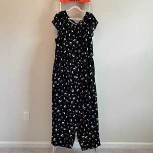 EUC LOFT Plus black floral  jumpsuit with tie back